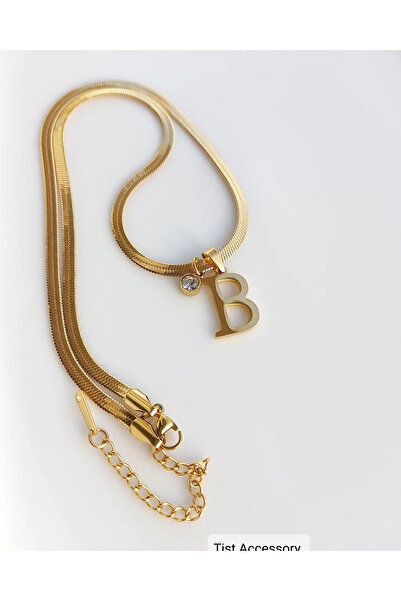 Tişt Accessory Kadın Gold İtalyan Zincir Zirkon Taşlı B Harfli Çelik Kolye