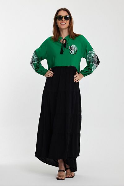 AYASOFYA OTANTIK Women's Black Green Placket Collar Embroidery Detailed Long Sleeve Long Dress