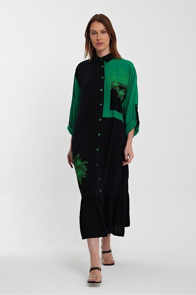 AYASOFYA OTANTIK Women's Black and Green Embroidery Detailed Foldable Long Sleeve Shirt Dress