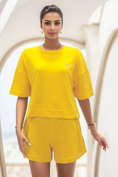 MY STAR HOME Sarı Pamuklu 2 Parçalı Nakışlı Havlu Şort & T-shirt Takım