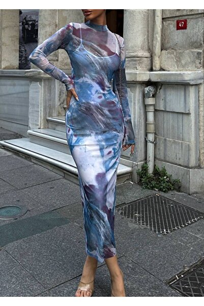 FİOXCO Kadın 2'li Midi Boy Astarlı Patterned Tül Elbise