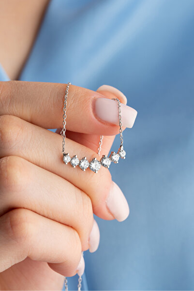 Nereze 925 Ayar Gümüş Rodyum Kaplama Sıralı 7 Zirkon Taşlı Tasarım Kolye