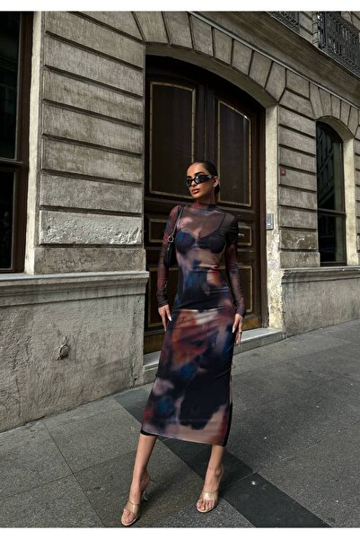 FİOXCO Γυναικείο φόρεμα από τούλι με σχέδιο, με επένδυση, μήκους μίντι, 2 τεμαχίων