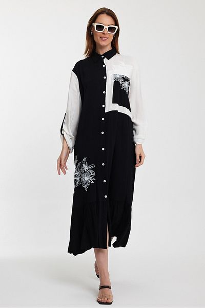 AYASOFYA OTANTIK Women's Black and White Embroidery Detailed Foldable Long Sleeve Shirt Dress