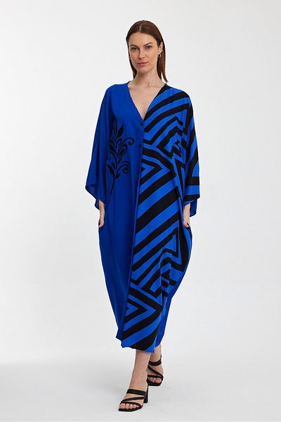 AYASOFYA OTANTIK Rochie de damă, albastră, cu garnitură digitală, cu broderie etnică, detaliată, supradimensionată, cămașă