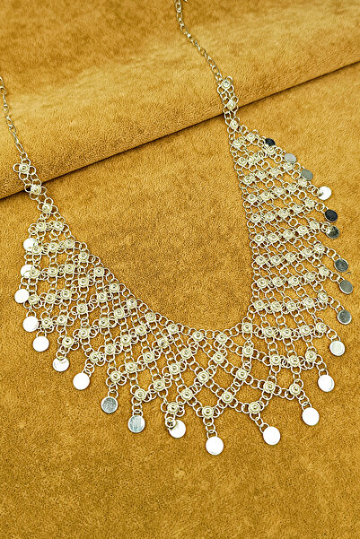 Güzel Gümüşçülük 925 Ayar Gümüş Mardin Midyat Telkari El İşi Kişniş Akıtma Model 5 Sıra Pullu Kadın Gerdanlık Kolye