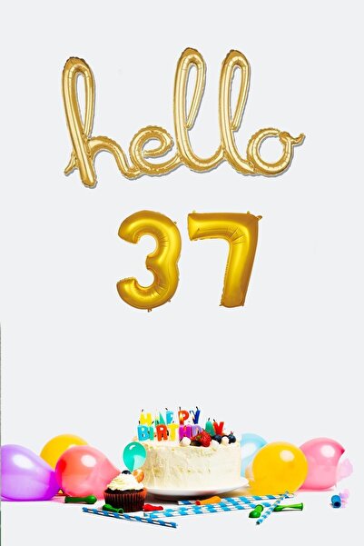 PEKSHOP 37 Yaş Doğum Günü Balonları - Hello 37 El Yazısı Gold Renk Folyo Balon