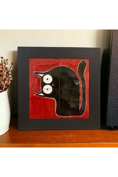 AYGEN Handmade Çini Karolu Kedi Figürlü Kırmızı  28 x 28 cm Tasarım Seramik Ç...
