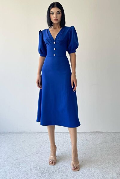 bayansepeti أطلس النسيج الخامس الرقبة زر التفاصيل قصيرة الأكمام ميدي طول ساكس...