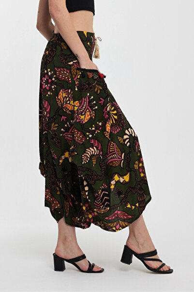 AYASOFYA OTANTIK Women's Khaki Patterned Skirt with Pocket Detail and Elastic Waist