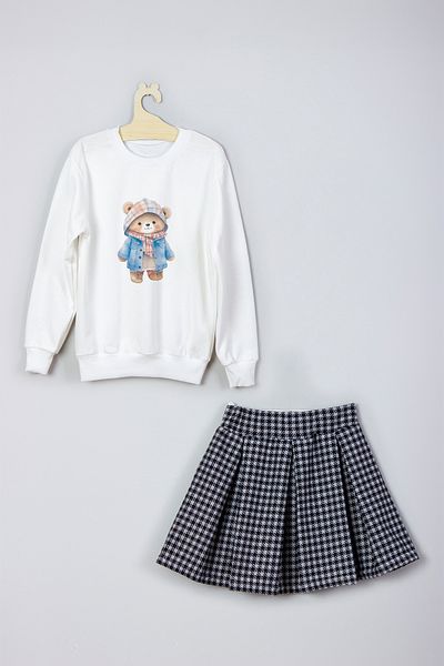 ADA BEBEK ÇOCUK New Season Bear Printed Skirt Sweat Set with Coat
