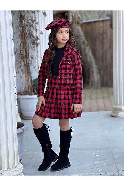 DUDOR KİDS GIRL'S PLAID PATTERNED SKIRT-JACKET-BLUZ-RESSAM HAT SET OF FOUR