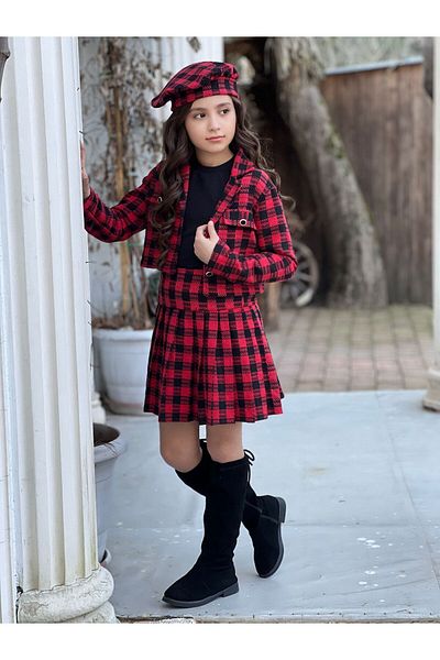 DUDOR KİDS GIRL'S PLAID PATTERNED SKIRT-JACKET-BLUZ-RESSAM HAT SET OF FOUR