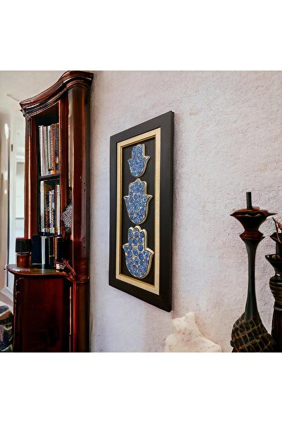AYGEN Seramik Çini Fatma'nın Eli Kabartma Rölyef Nazar Tasarımlı Mavi Çerçeveli Özel Tasarım Tablo