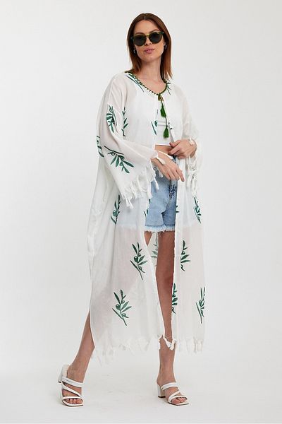 AYASOFYA OTANTIK Women's White Olive Branch Pattern Stone Print Slap Fabric Woven Pareo