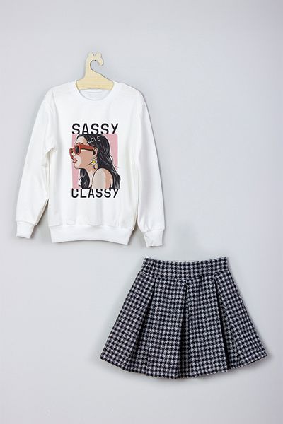 ADA BEBEK ÇOCUK New Season Sassy Classy Patterned Skirt Sweat Set