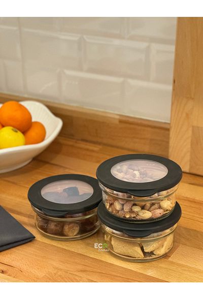 ECO KİTCHEN 3-Piece Glass Storage Container, Vacuumed Lid, Breakfast, Dispenser Storage, Organizer 415 cc