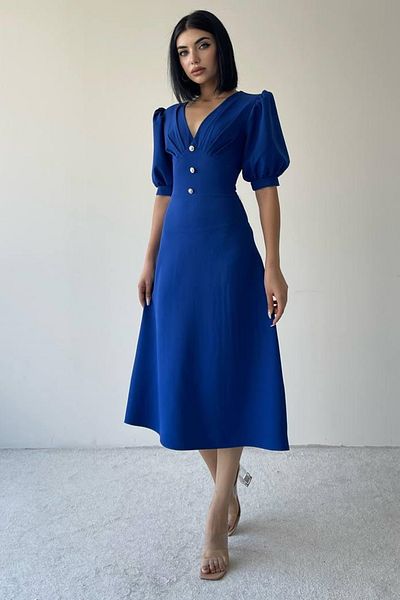 barış sülün lovebox Women's Cotton Atlas Fabric Button Detail V-Neck Short Sleeve Midi Length Saks Blue Evening Dress 153
