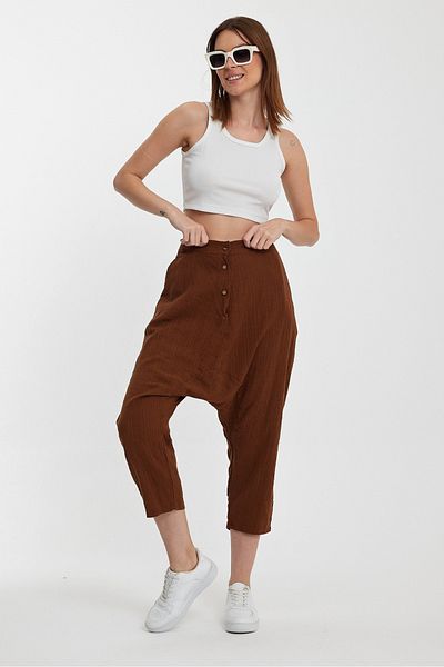 AYASOFYA OTANTIK Women's Brown Elastic Waist Buttoned Linen Baggy Trousers