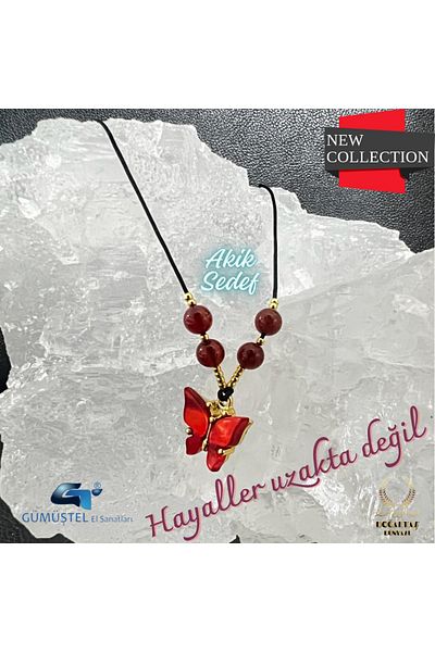 Doğal Taş Dünyası Natural Stone Necklace - Agate and Mother of Pearl, Butterfly Detail, Elevator Lock System