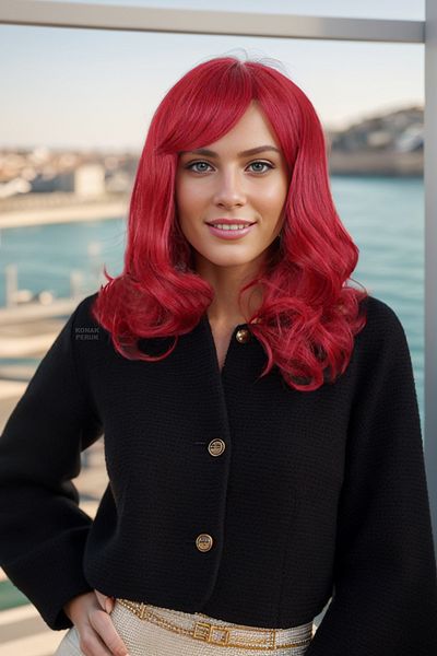 KONAK PERUK Medium Size Red Fiber Synthetic Wig - Wavy and Riveted