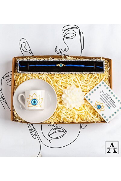 ATÖLYE247 Kişiye Özel Nazar Hediye Seti - Nazar Makrome Bileklik - Kahve Finc...