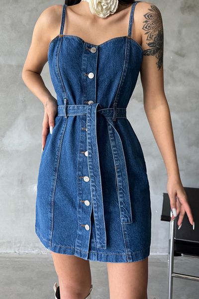 fehika Women's Blue Mini Denim Dress Dark Blue Neck Buttoned Belted Jeans Mini Rope Strap Dress