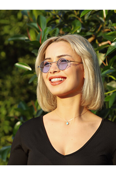 Angel Eyes نظارة شمسية نسائية تصميم دائري بإطار فضي وزجاج أزرق