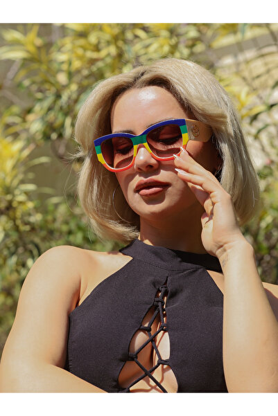 Women's Sunglasses Geometric Rainbow Frame Black Glass