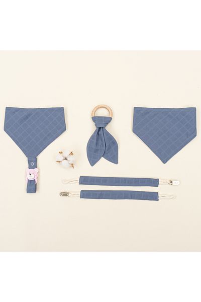 Yunikobaby Drooling Bib - Teether - Pacifier Strap - Indigo Muslin