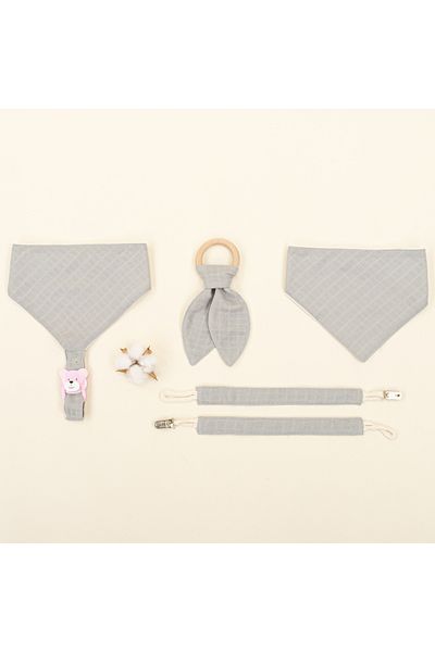 Yunikobaby Drooling Bib - Teether - Pacifier Strap - Gray Muslin