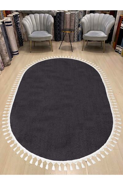 Valery Home Oval Comfort Ponpon Saçaklı Peluş Halı Antrasit