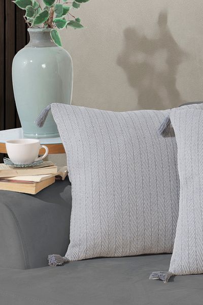Lux Touch Vera Gray 2-Piece Throw Pillow Cover - 45x45 cm Pillow Cushion, ZiPPered Tassel