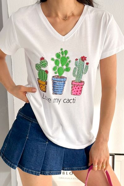 Chiccy Tricou alb cu mânecă scurtă, cu decolteu în V, cu aplicație de paiete, tricotat, cu croiala normală