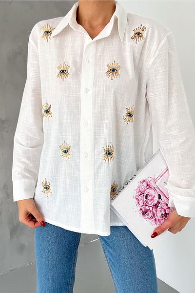 FEMELLE Women's Eye Pattern Sequin Sequin and Embroidery Cotton Shirt