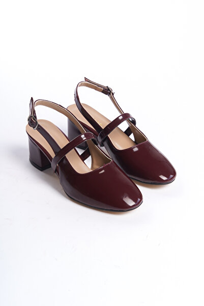 en7 Claret Red Women's Open Back Belt Buckle Detailed Comfortable 5 cm Classic Heeled Shoes DRK020