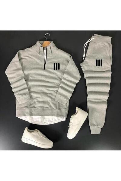 Moda Wear طقم للجنسين، سويت شيرت بنصف سحاب مع بنطلون رياضي، بطبعة ثلاثة خطوط