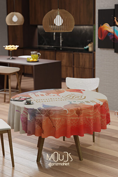 Moud's مفرش طاولة دائري من قماش الغزال المزخرف باللون البرتقالي من رمضان كريم