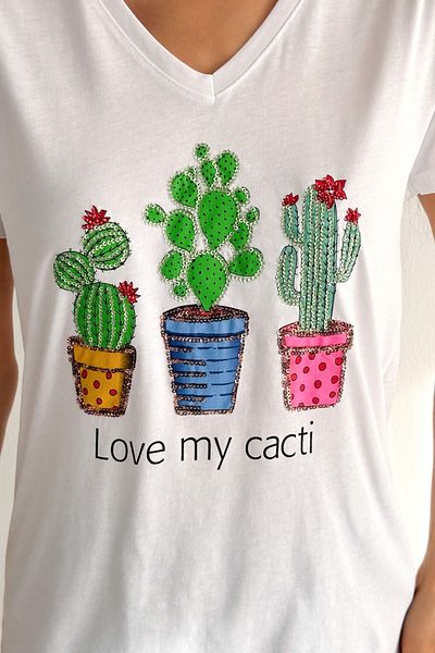 Chiccy Tricou alb cu mânecă scurtă, cu decolteu în V, cu aplicație de paiete, tricotat, cu croiala normală