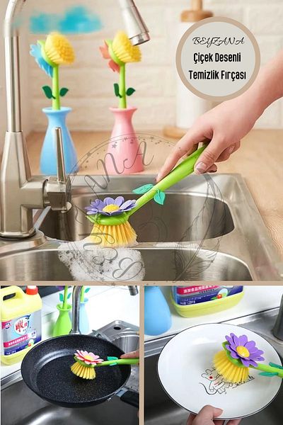 BEYZANA Flower Shaped Cleaning Brush, Kitchen Bathroom Brush with Detachable Handle