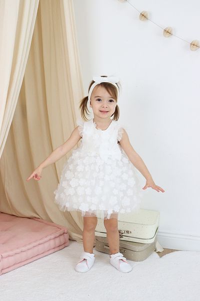 COLORED BABY Baby Girl Kids Cotton Lined 3D Floral Dress and Headband