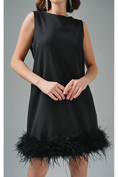 Neşeli Butik kadın atlas kumaş tüy detaylı mini abiye NBSWLL04