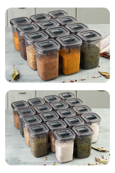 MAGEV PLASTİK 18 Pieces Luna Spice Rack Storage Container with White Screen Printing Label and Self Spoon