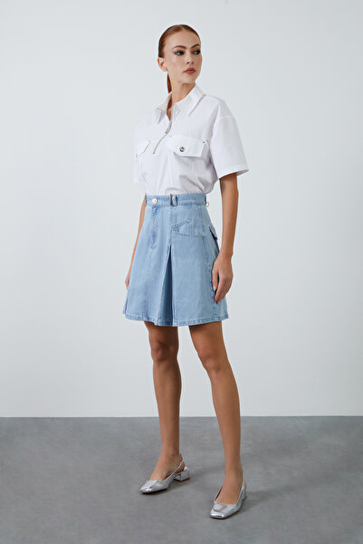 kı.we Pilikaşe ve Kuşgözü Detaylı Mini Mavi Denim Etek Beden: 40