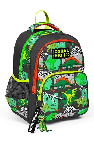 Coral High Rucsac școlar cu trei compartimente pentru copii, gri verde, cu model de dinozaur 14419
