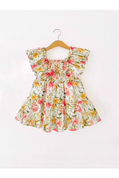 COLORED BABY Girl's Gipe Detailed Ruffle Sleeve Cotton Lined Floral Dress