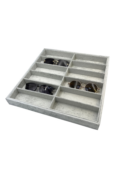 İmpala Kutu Gözlük Takı Standı Süet Kumaş Gri Renk Çekmece içi 36-38 Cm