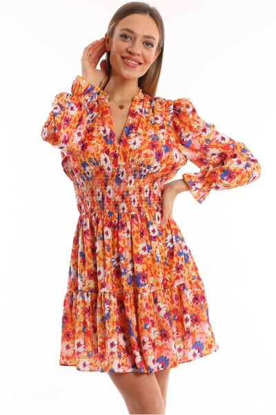 Miss Allos V-neck Skirt Ruffle Waist Elastic Lined Printed Mini Dress