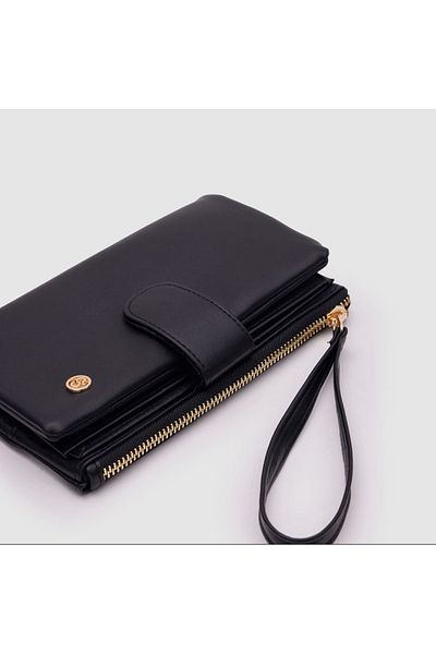 Honorius Women's Black Soft Leather Wallet - Zippered, Passport Holder, Multi-Compartment Card Holder