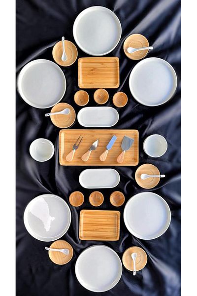 Bambum Atbyhome 6-Person 35 Piece Ceramic - Bamboo Breakfast Set - Luxury Breakfast Presentation Set